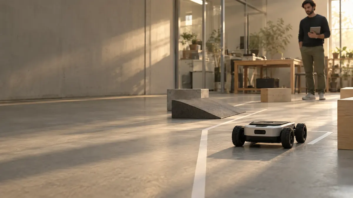 Illustrative researcher beside a mobile robot in a sunlit workspace