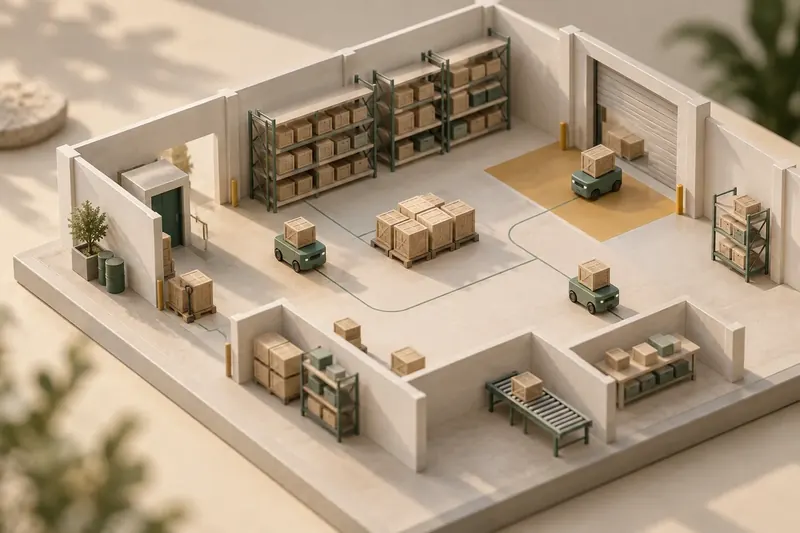 An imagined miniature warehouse with sage-green robot models and a planned route